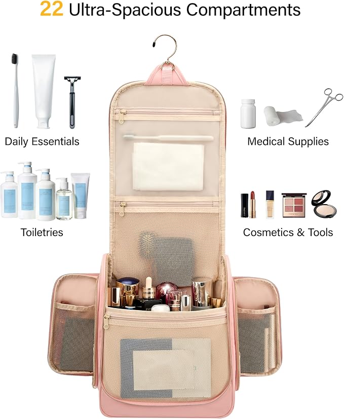 Hanke Hanging Travel Toiletry Bag for Men and Women, Water-Resistant Toiletries Bag Makeup Organizer with Hook, Cosmetic Bag for Bathroom & Travel Essentials Accessories, Pink - Image 3