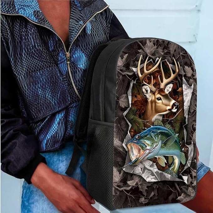 GIFTPUZZ Deer Fish Backpack 17 Inch Set Boys 8-10 | Camo 4-Piece Set, Lunch Box, Water Bottle Sleeve, 3rd Grade Back to School Book Bags - Image 4