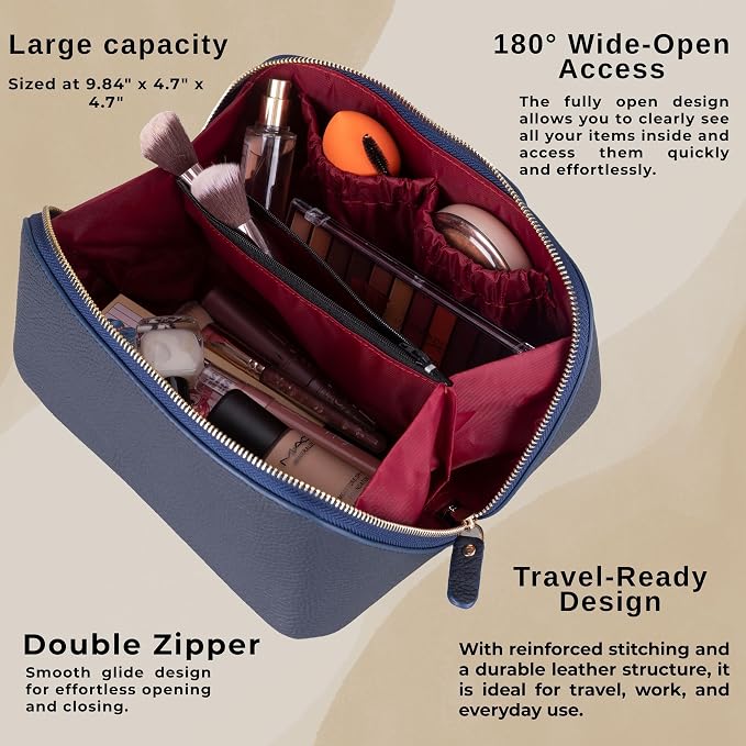 VENOULT Makeup Bag, Spacious Cosmetic Case for Women, Portable 180° Wide-Open Flat Cosmetic Bag, Travel Toiletry Organizer with Handle, Hanmdade, Full Grain Genuine Turkish Leather (Regal) - Image 2