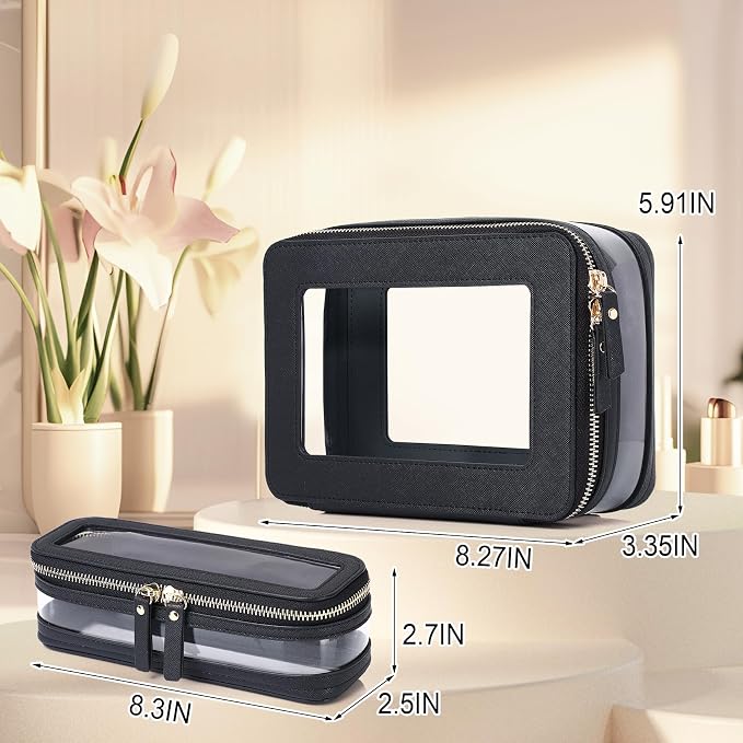 Pinkmik Clear Makeup Bag with Brush Case Travel Toiletry Bag Waterproof Cosmetic Organizer Car Essentials for Women (Black, M+SLIM-1) - Image 4