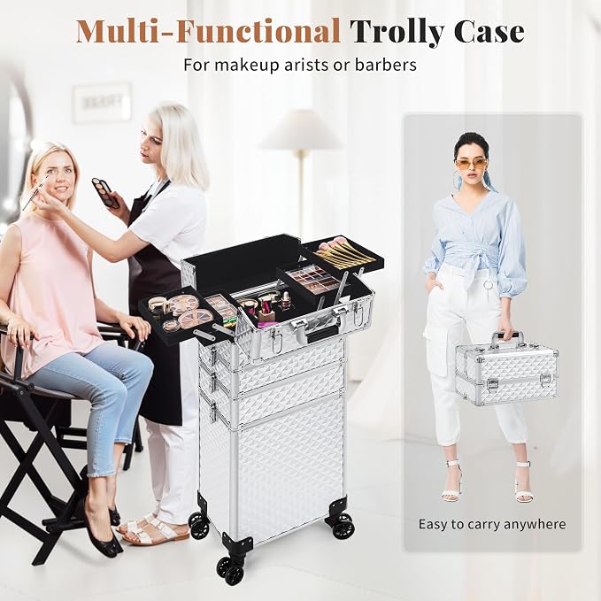 AROUS Rolling Makeup Train Case 4 in 1 Cosmetology Case on Wheels Large Storage Cosmetic Trolley with Key Salon Barber Case Traveling Cart Trunk, Silver - Image 7
