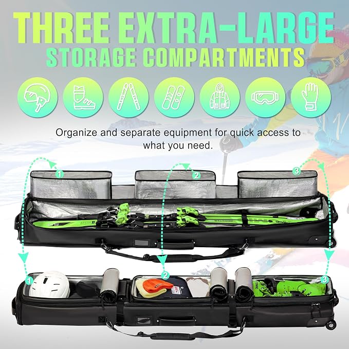 Double Rolling Ski Bag Padded Waterproof Snowboard Bag with Wheels for Air Travel Wheeled Ski Bag for Snowboard or Skis Accommodates Ski Boot - Image 3