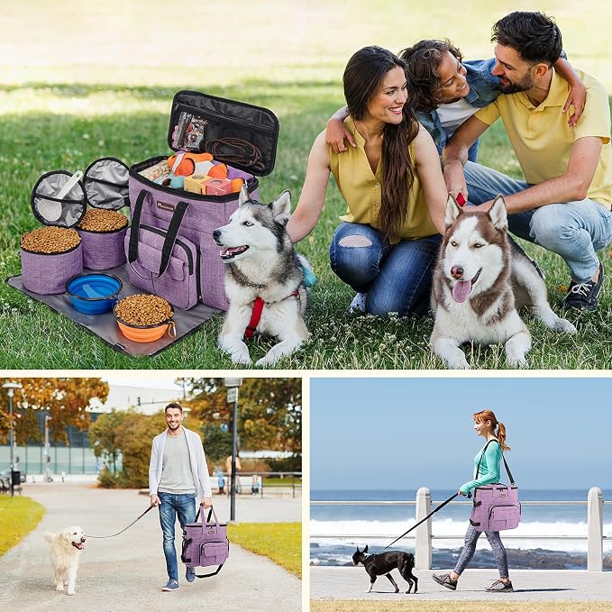 Modoker Dog Travel Organizer Carriers for Supplies & Accessories, Airline Approved Cat Pet Travel Bag, 2 Collapsible Bowls, 2 Travel Dog Food Container, Purple | Dog travel accessories set with feeding supplies, bowls, mat, and strap. Ideal for weekend... - Image 6
