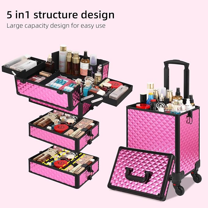 Somduy Rolling Makeup Case, Makeup Train Case with Lid, 5 in 1 Cosmetology Case on Wheels, Christmas Gift, Large Makeup Organizers, Profesional Cosmetic Case for Salon Barber, Rose Red - Image 4