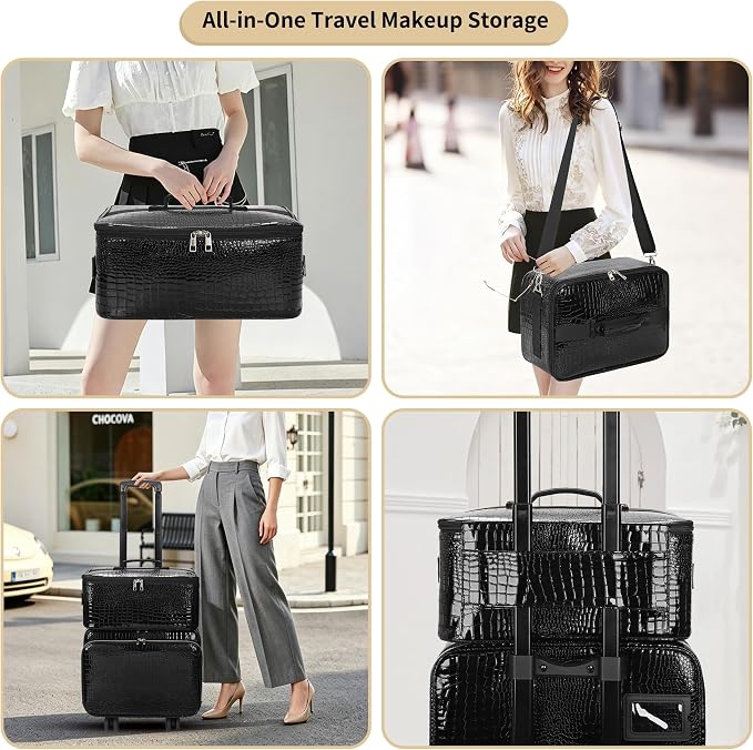 OCHEAL 18" Rolling Makeup Case, Professional 4-in-1 Trolley Case | 3-Layer, Large Cosmetic Organizer with Wheels,Large Makeup Case & Double Brush Organizer, 6 Travel Bags - Image 7