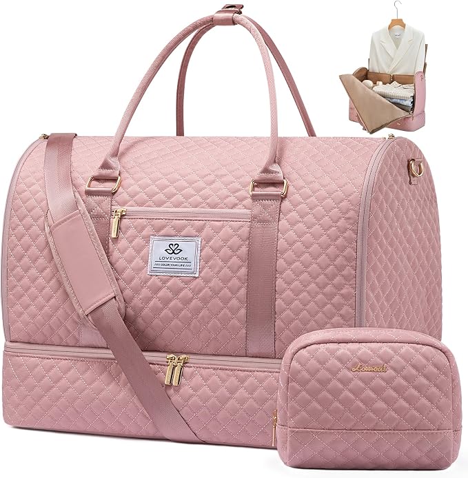 LOVEVOOK Convertible Garment Bag for Travel with Shoe Pouch, Carry On Garment Duffel Bag with Toiletry Bag, 2 in 1 Hanging Suitcase Suit Bag, Weekender Bag for Women Travel, Wedding, Pink by LOVEVOOK