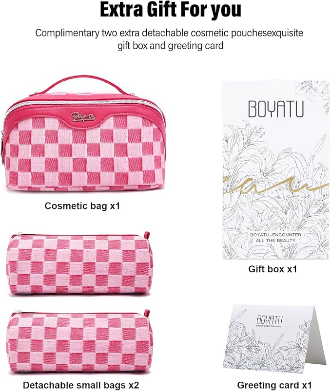 BOYATU Travel Makeup Bag for Women: Large Cosmetic Bag Set of 3 - PU Leather Make up Bag with Compartments - Compact Waterproof Toiletry Bag with Divider & Handle (D-4-Red) - Image 5