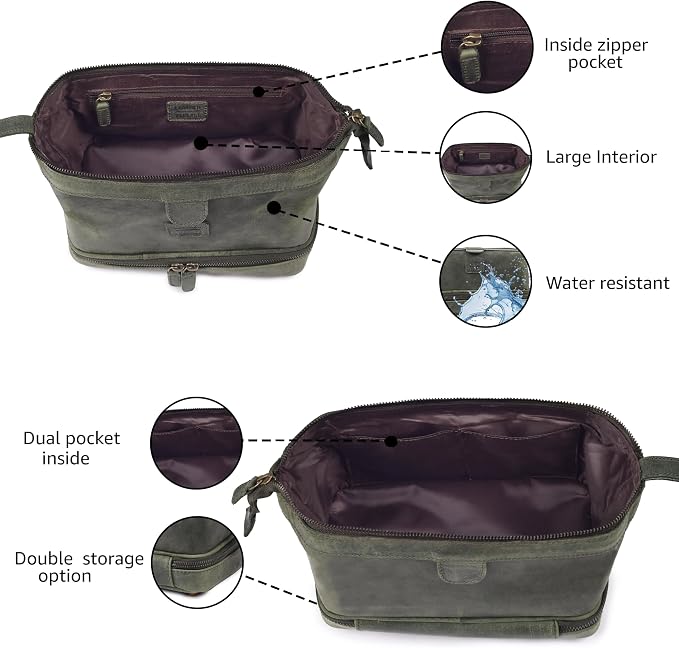 LEATHER VILLAGE Genuine Leather Dopp Kit – Large Travel Toiletry Bag with Waterproof Lining, Dual-Zip Design for Men & Women, Organizer for Shaving, Makeup & Essentials - Olive - Image 4