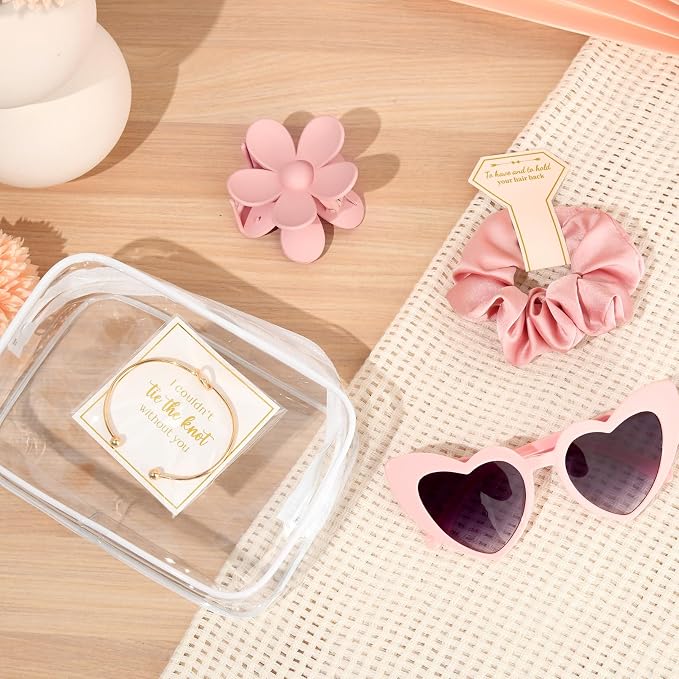 DEEKA 30 Pcs Bridesmaid Proposal Bag Set Gift Clear Makeup Toiletry Bag Bachelorette Party Favors Sunglasses Flower Claw Clips Scrunchies Knot Bracelets Bridal Wedding Party Gifts (Pink) - Image 7