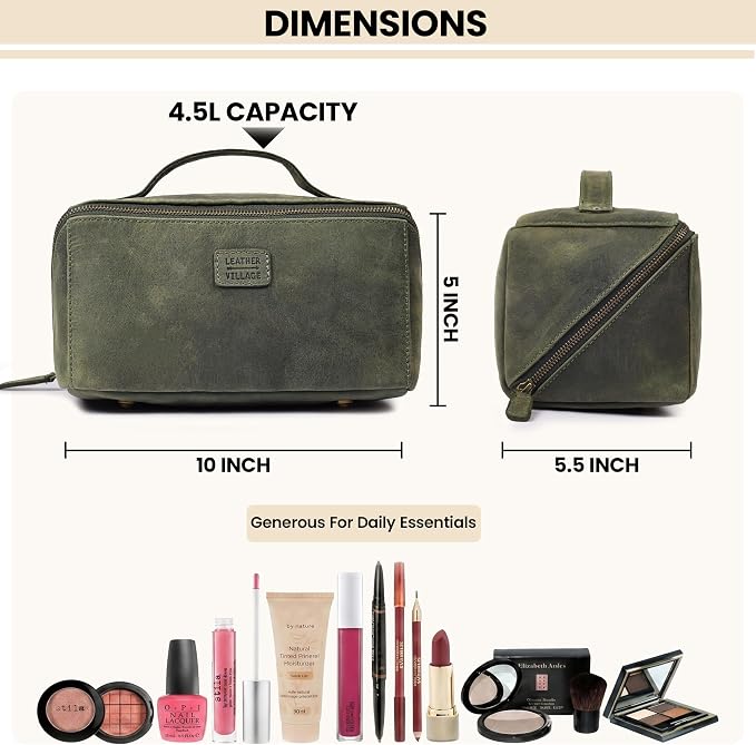 LEATHER VILLAGE Genuine Leather Travel Dopp Kit for Men & Women – Open Flat Large Capacity Cosmetic Bag with Water-Resistant Lining – Skin Care, Brushes, Shaving & Bathroom Essentials Organizer- Olive - Image 4