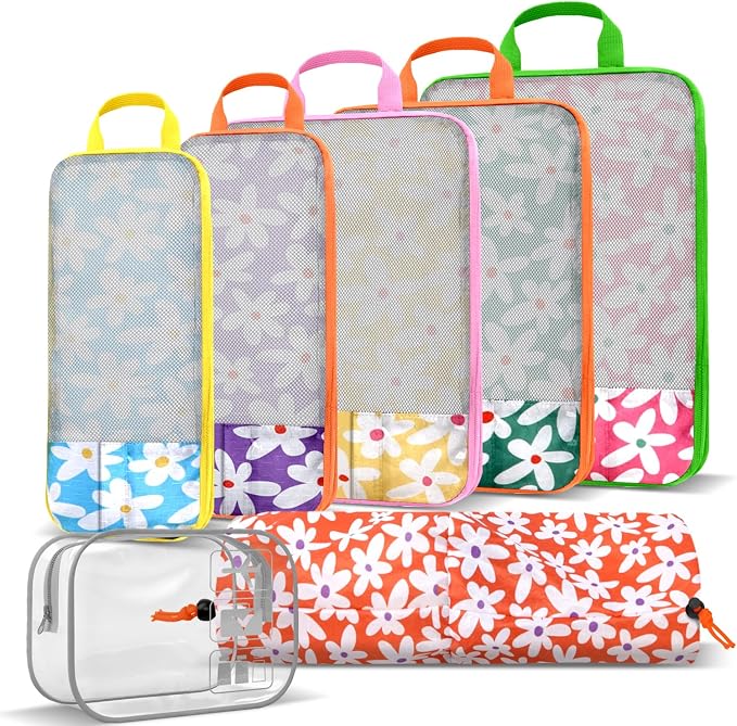 7 Piece Daisy Flower Compression Packing Cube Bundle | Slim Design, Multi-Size Luggage Organizers, Travel Essential Bag for Clothes, Shoes, Cosmetics & Toiletries, Multi - Image 2