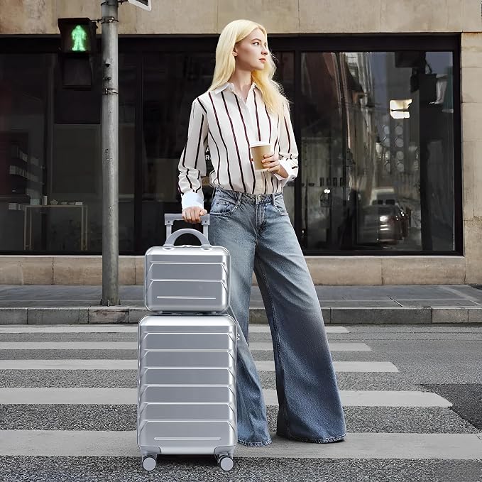 Gradient Color Suitcase 2-Piece Set, 20" Rotating Wheel Suitcase with 14" Cosmetic Case, Lightweight Durable Hardshell Luggage with 360° Spinner Wheels for Travel, Women & Girls (Silver) - Image 9