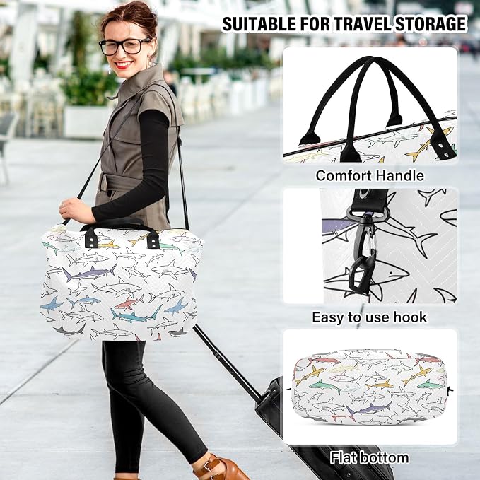 Weekender Bags Travel Duffel Gym Bag Carry on Overnight Tote Bag with Toiletry Bag for Airplane Travel Trip Gym Yoga (Drawing Sharks 2) - Image 6