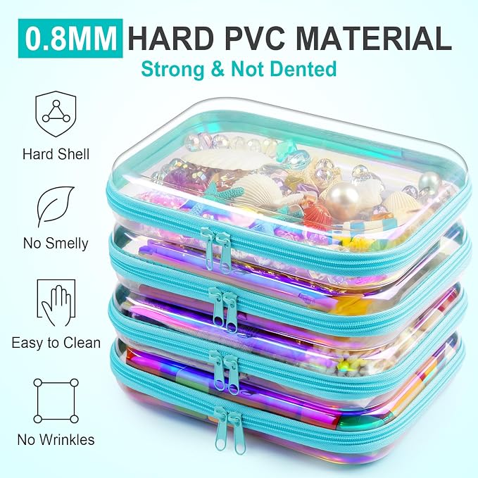 Hoolerry 4 Pcs Hard Clear Zipper Case Makeup Bags Plastic Zipper Pouch Transparent Storage Box Containers for Cosmetics, Snacks, Building Blocks, Puzzles(Clear,9.8 x 7.9 x 2 in,Blue Laser) - Image 4