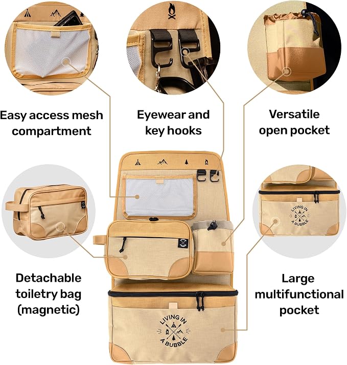 Living in a Bubble Seat back Organizer – Magnetic Toiletry and Cooler Pouch, Cordura Car Backseat Storage with Device Holder & Hooks, Multi-Compartment Utility Bag for Campervans & Family Travel - Image 4