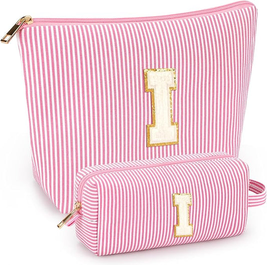 2 PCS Initial Makeup Bags for Women: Cosmetic Bag for Travel Toiletry - Birthday Gifts for 11 12 13 14 15 16 17 18 Years Old Girl Graduation Teacher Gift- Teen Girl Gifts Trendy Stuff - Pink I