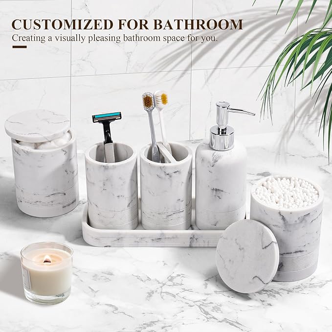 Bathroom Accessories Set, 6-Piece Bathroom Accessory Set, Toothbrush Holders Set, Soap Dispenser, Vanity Tray, Tumbler, Cotton Swab Jars, Bathroom Organizer for Modern Bathrooms (Marble White) - Image 3