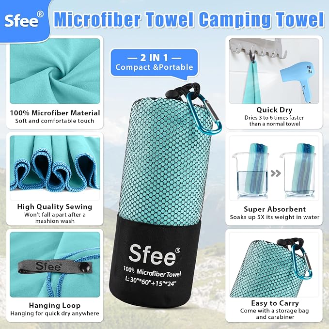 Sfee 2 Pack Microfiber Travel Towel, Quick Dry Towel Camping Towel Super Absorbent Compact Lightweight Sports Gym Towel Beach Towels Set for Gym, Hiking, Pool, Backpacking, Bath, Yoga - Image 2