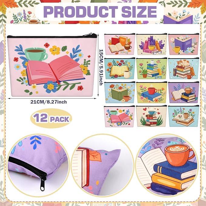 Sweetude 12 Pcs Book Club Gifts Book Makeup Bag Bulk Back to School Travel Cosmetic Bag with Zipper Bookish Waterproof Roomy Travel Toiletry Organizer Storage Beauty Pouch for Women Books Lover Gifts - Image 3