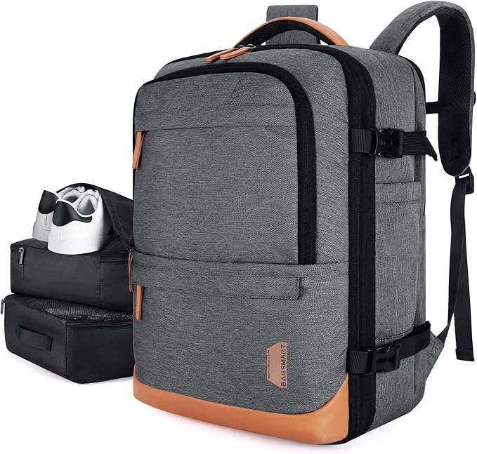 BAGSMART 37L Expandable Travel Backpack Compression Carry On Daypack | Grey weekender bag fits 17" laptop. Water resistant luggage with packing cubes and shoe pouch. by BAGSMART