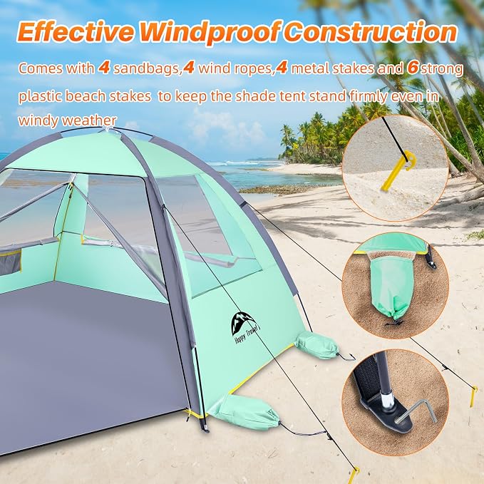 Happy Travel Beach Tent, UPF 50+ UV Protection Sun Shade Shelter for 3/4/5/6/7/8 Person, Portable Beach Canopy for Family & Baby, Lightweight & Easy Setup Beach Cabana with 3 Ventilation Mesh Windows - Image 6