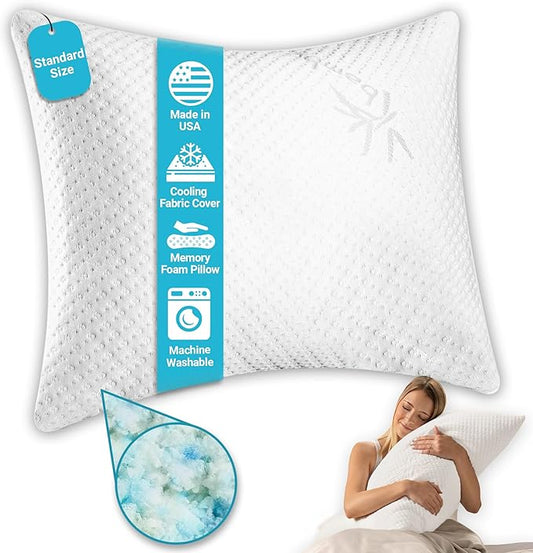 Xtreme Comforts Memory Foam Pillows Made in The USA - Standard Size, Slim Cooling Pillow for Sleeping on Side, Back & Stomach - Firm and Soft Bed Pillows
