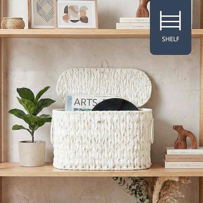Coeusy Toilet Paper Basket,Wicker Toilet Paper Storage with Lid,Decorative Boho Wicker Basket for Bathroom,Free Standing-Cream White - Image 5