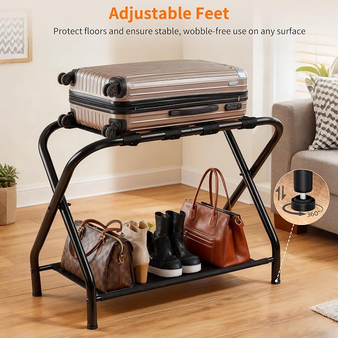 Heybly Luggage Rack for Guest Room, Pack of 2, Steel Folding Suitcase Stand with Storage Shelf for Bedroom, Hotel, Foldable Steel Frame, Guest Room 26.2" L x 14.4" W x 20.5" H, Black HLR004B2 - Image 5