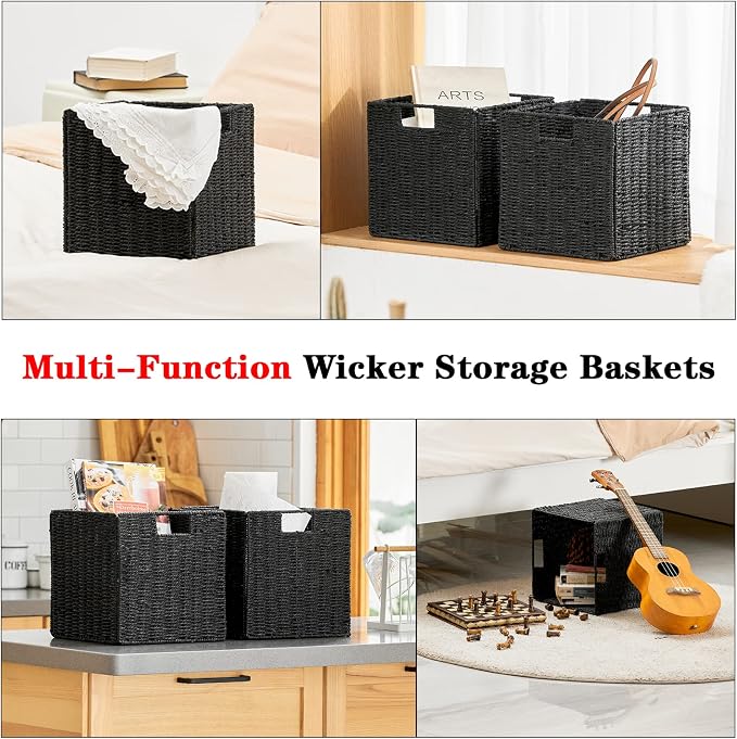 Vagusicc Wicker Storage Basket, Set of 2 Hand-Woven Wicker Basket, Foldable Cube Storage Bin, Black Storage Basket, Square Storage Baskets for Organizing Shelves & Decor, Black (11″×11″×11″) - Image 4