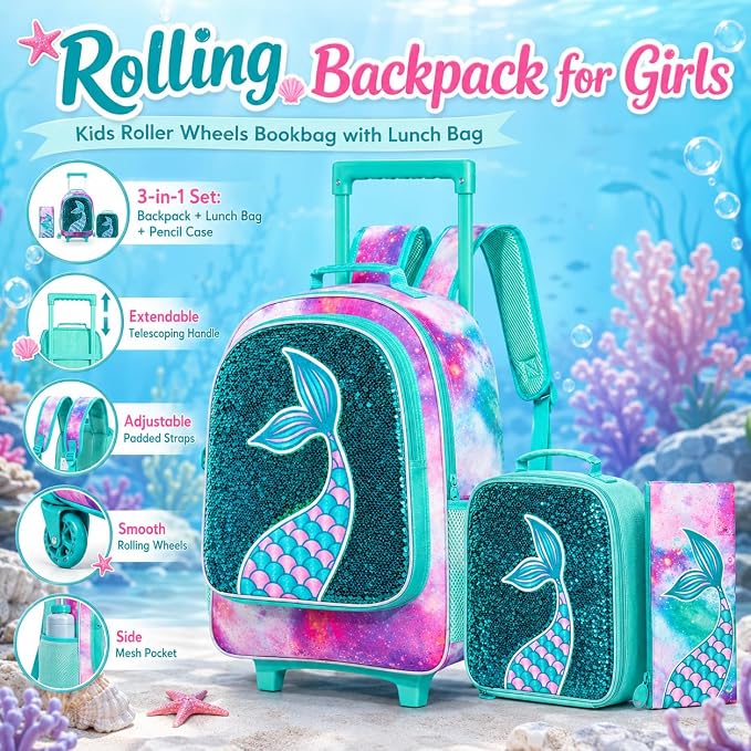 AGSDON 3PCS Rolling Backpack for Girls Boys, Kids Roller Wheels Bookbag, Wheeled School Bag with Lunch Bag - Image 7