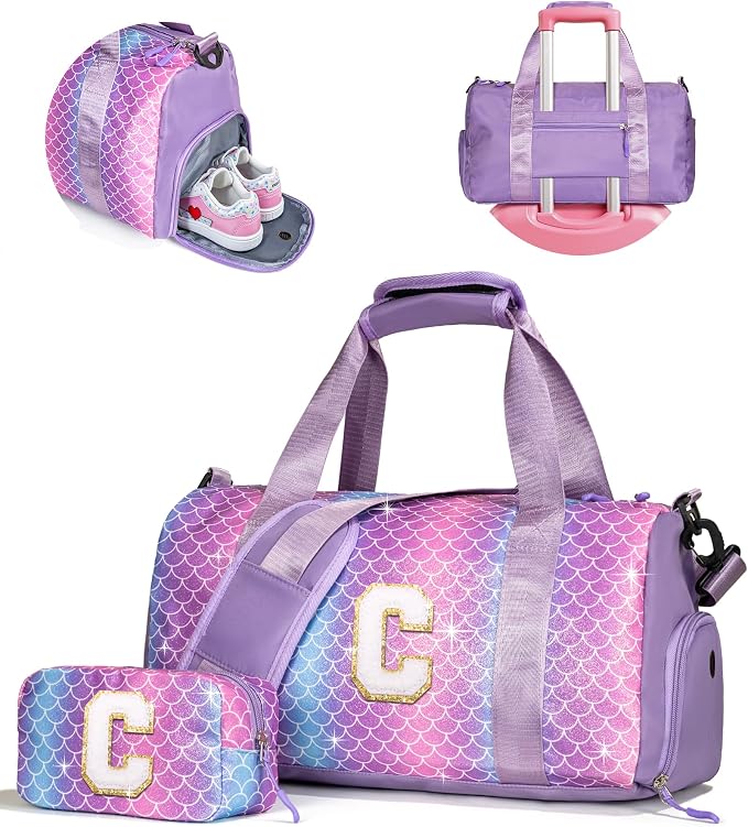 Gifts for 3 4 5 6 7 8 9 Year Old Girls-Girl Gym Bag with Shoe Compartment, Kid Personalized Weekender Overnight Bags, Initial Travel Tote with Makeup Pouch, Easter Gift for Teen (Letter C) by Vogewood