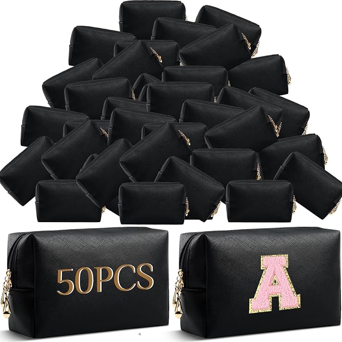 50 Pcs Makeup Bag Bulk PU Leather DIY Cosmetic Plain Preppy Makeup Pouch Portable Waterproof Toiletry Bags for Women Travel Pencil Case Cosmetic Organizer (Black) by Cunno