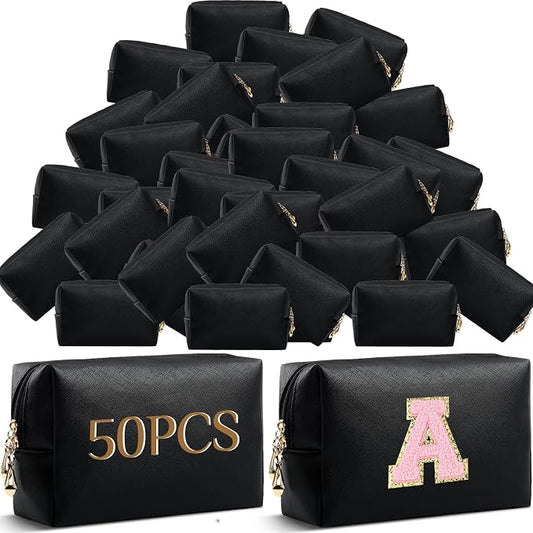 50 Pcs Makeup Bag Bulk PU Leather DIY Cosmetic Plain Preppy Makeup Pouch Portable Waterproof Toiletry Bags for Women Travel Pencil Case Cosmetic Organizer (Black) by Cunno
