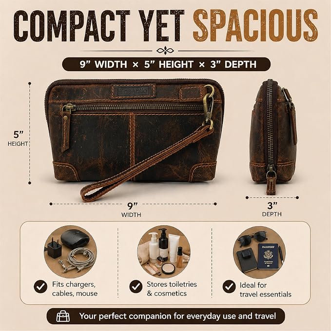 Genuine Leather Makeup Bag Travel Organizer, Premium Handcrafted Cosmetic Pouch with Zipper & Wrist Strap, Durable Toiletry Storage for Women & Men, 5 x 9- Brown - Image 5
