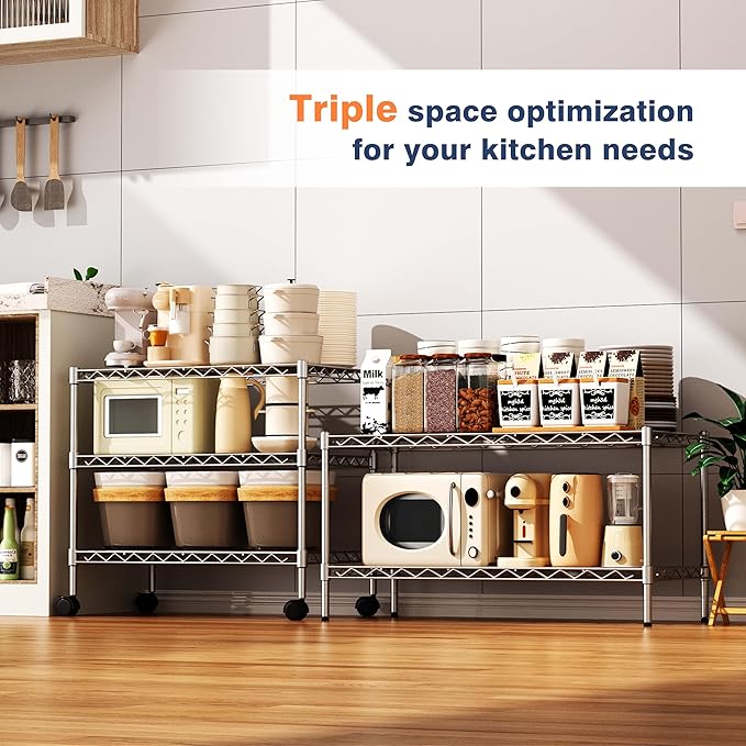 750lbs 3-Tier Wire Shelf Rack,24" Dx14 Wx22 H,Kitchen Metal 3-Shelves Rack with Lockable Wheels,Height Adjustable Wire Shelving Unit and Storage for Living Room,Laundry,Office,Pantry,Studio - Image 4