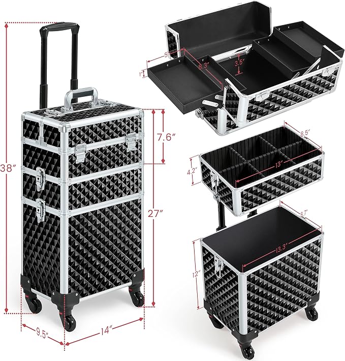 Yaheetech Rolling Makeup Train Case 3 in 1 Cosmetic Case Large Capacity Organizer with Swivel Wheels Key Cosmetic Trolley for Nail Tech Makeup - Black - Image 3