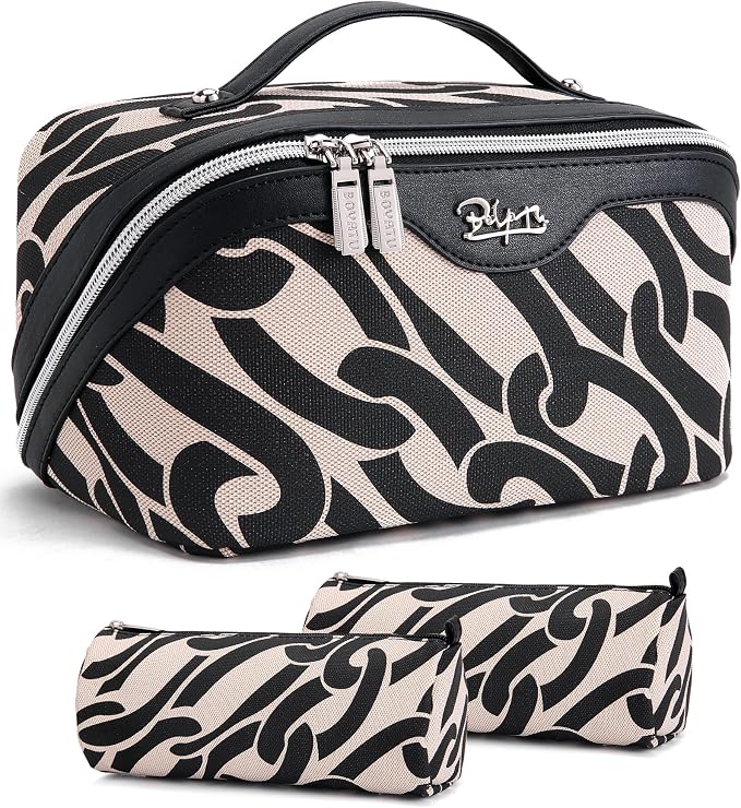 BOYATU Travel Makeup Bag for Women: Large Capacity 3-Piece Cosmetic & Toiletry Organizer - Expands Storage by 50% with 2 Detachable Pouches,Opens Flat for Easy Packing,Waterproof PU Leather(Black) by BOYATU
