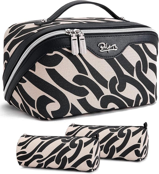BOYATU Travel Makeup Bag for Women: Large Capacity 3-Piece Cosmetic & Toiletry Organizer - Expands Storage by 50% with 2 Detachable Pouches,Opens Flat for Easy Packing,Waterproof PU Leather(Black) by BOYATU