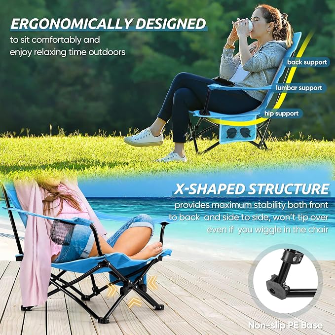 HaSteeL Folding Beach Chair Set of 3, Foldable Blue Camping Chairs & Grey Table for Outside, Low Beach Chair Portable for Adults Fishing, Picnic, Outdoor BBQ, Travel, Sports, Cup Holder & Storage Bag - Image 5
