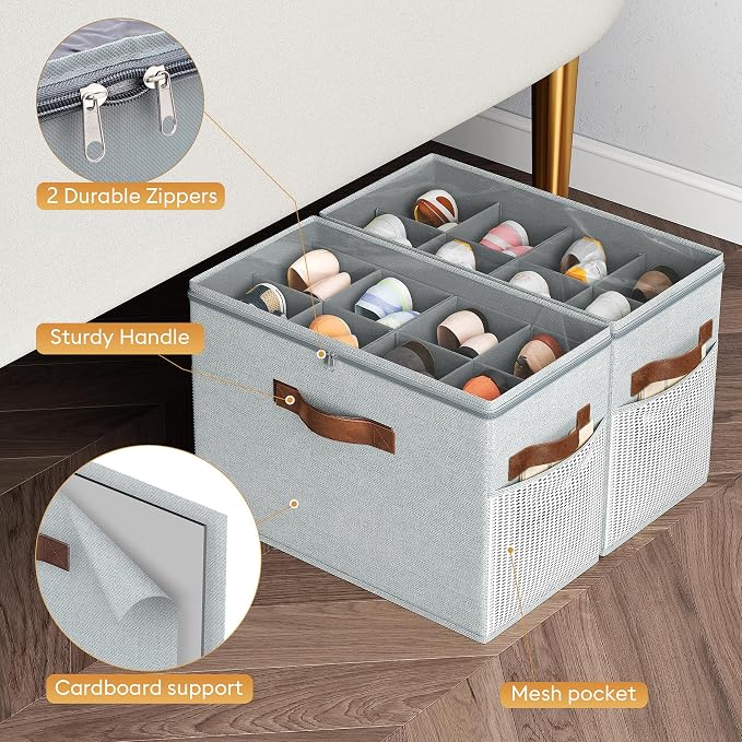 2 Pack Shoe Organizer for Closet, Foldable Shoe Storage with Adjustable | Farbic shoe storage organizer box bin with clear cover, fits up to 16 pairs, shoe storage box for closet, entryway, gray - Image 4