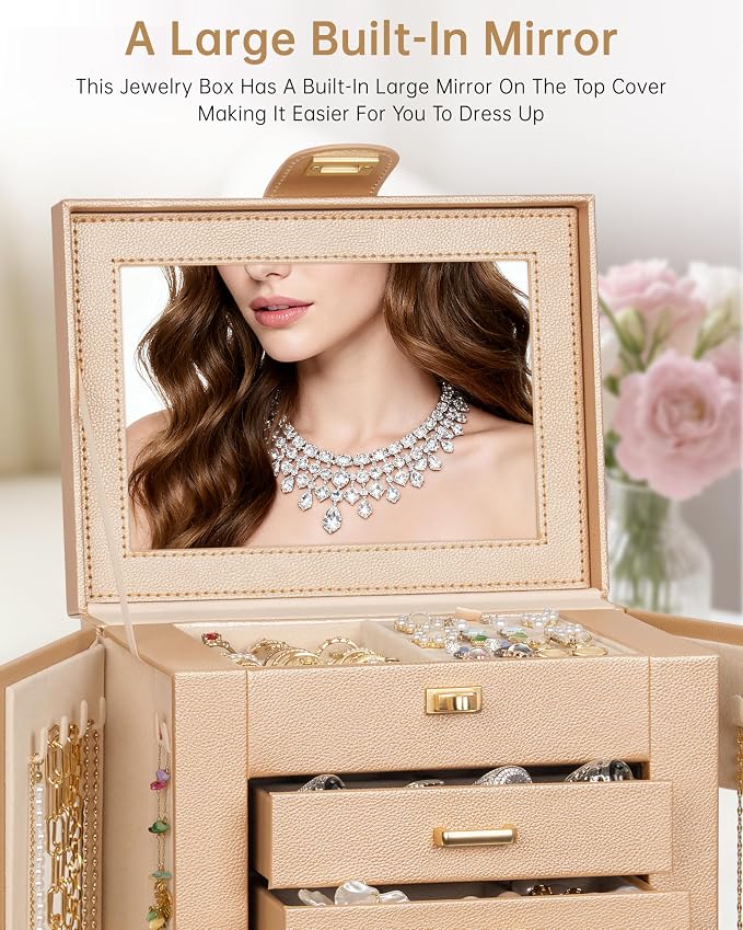 AKOZLIN 6-Tier Jewelry Box Organizer Functional 5 Drawers Leather Jewelry Storage Case for Women Girls Ring Necklace Earring Bracelet Holder Organizer with Mirror Champagne S-Medium - Image 4