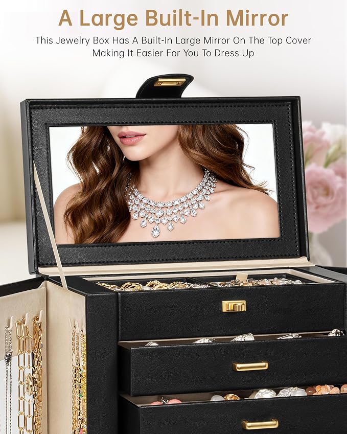 AKOZLIN 6-Tier Jewelry Box Organizer Functional 5 Drawers Leather Jewelry Storage Case for Women Girls Ring Necklace Earring Bracelet Holder Organizer with Mirror XL Black 360° Rotating - Image 6