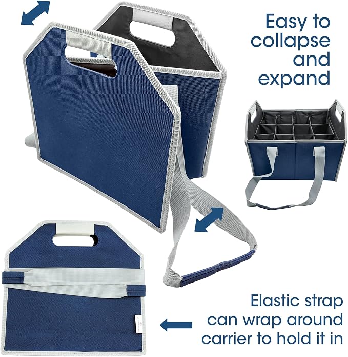 12 Bottle Wine Carrier Bag Collapsible Reusable with Strap for Liquor Champagne Beer Glasses Storage Shopping Travel (Navy Blue) - Image 8