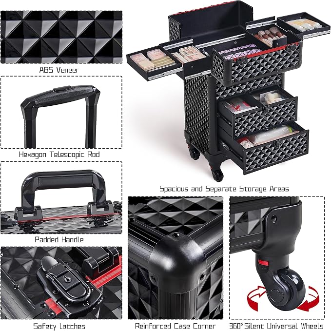 Yaheetech Rolling Makeup Train Case with 2 Drawers Nail Cart Beauty Trolley | Sturdy ABS & aluminum tattoo cart organizes cosmetic supplies in side trays & 2 drawers, rolls smoothly & lockable for travel - Image 3