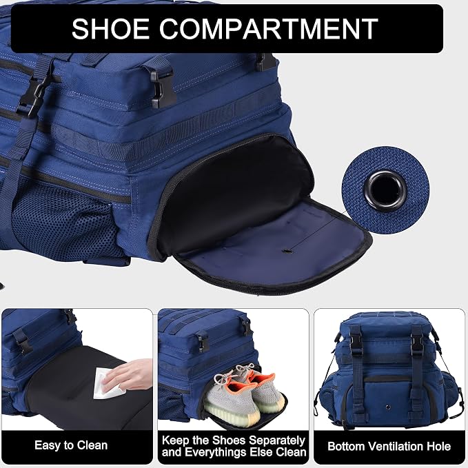 LHI Military Tactical Backpack for Men and Women 45L Army 3 Days Assault Pack Bag Large Rucksack with Shoe Compartment - Black and White - Image 5