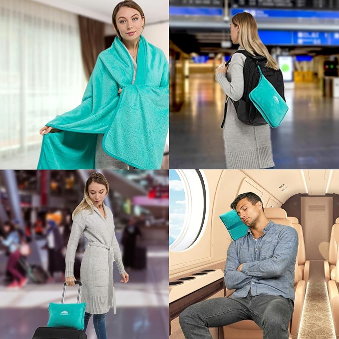 BlueHills Premium Soft Travel Blanket Pillow 2 Pack Airplane - Teal Green | 2 Pack Travel Blanket Set, Zipper Bag/Pillowcase, Luggage Strap & Carabiner, Airplane Traveling Essentials, Carry on Comfort - Image 3