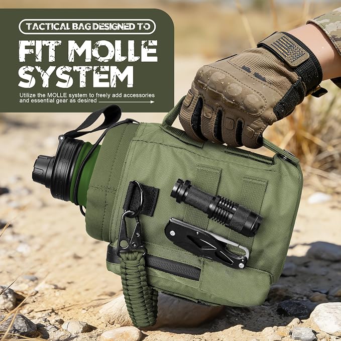 NATURE PIONEOR 64 oz Tactical Water Bottle with MOLLE Bottle Pouch & 3 Lids | 18/8 Food-grade Stainless Steel, Double Vacuum Insulation, 3 Leak-proof Lids, Handle, Strap, Camping, Hiking, Gym, Work - Image 4