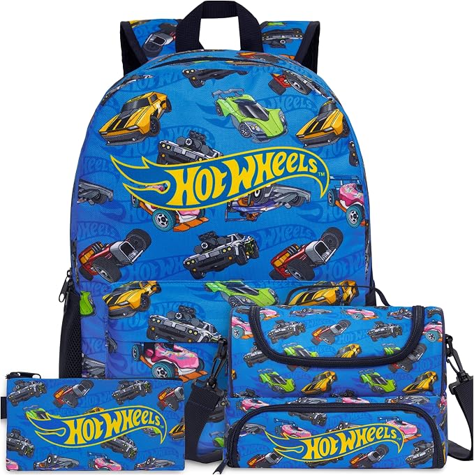 Get Trend Hot Wheels Boys Backpack, Lunch Bag & Pencil Case, 3 Piece Set | 18 inch Bookbag, Adjustable Padded Straps, Insulated Lunch Bag, Zipped Pencil Pouch, School Supplies, Gamer Gifts for Boys by GetTrend