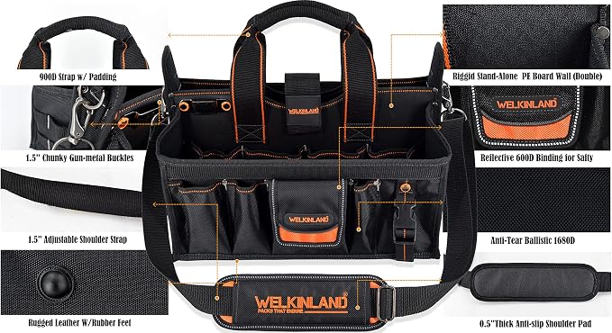WELKINLAND 19-POCKETS Tool tote, HVAC tool bags organizer, Heavy-Duty electrician tools bag, Tool tote bag w/socket organizer tool boxes, Stay-Up maintenance tools bags - Image 7