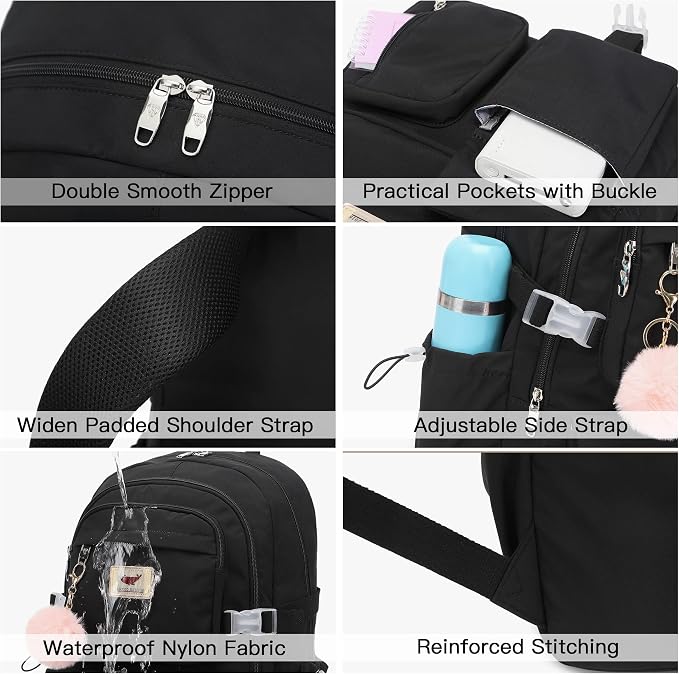 Laptop Backpack 15.6 Inch Elementary Middle High School Bag College Backpacks with Lunch Box Pencil Pouch 3 PCS Set Travel Bookbags for Teens Girls Women Students (Black) - Image 4